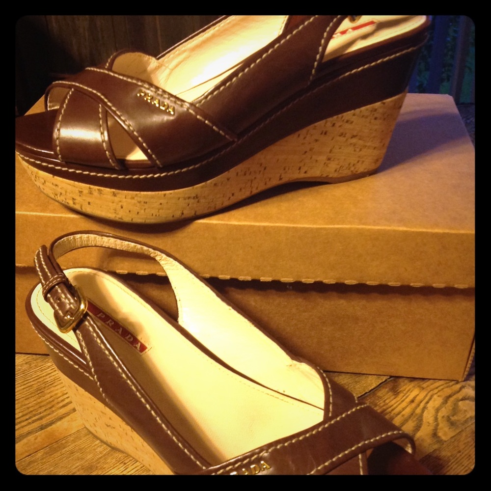 PRADA Brown Leather Cork Wedge Heal Sandals